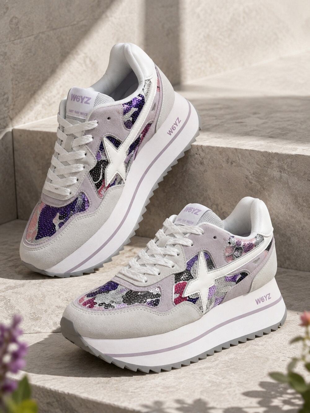 W6YZ Women’s Platform Sneakers – EU 38 / US 6.5 – White/Lilac Sequin Camo $300